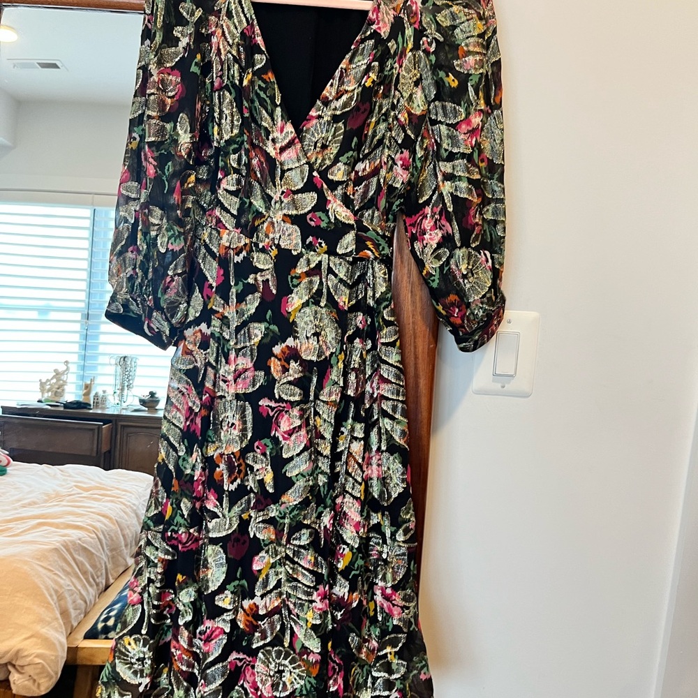 Sezane Black, gold, Pink Midi V-Neck wrap dress with Bishop Sleeves